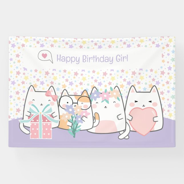 Pastel Kawaii Cat Fiends Greeting Cartoon Doodle Banner (Horizontal)