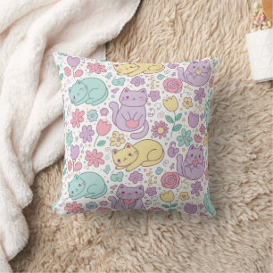 Pastel Kawaii Cats and Flowers Decorative  Throw Pillow