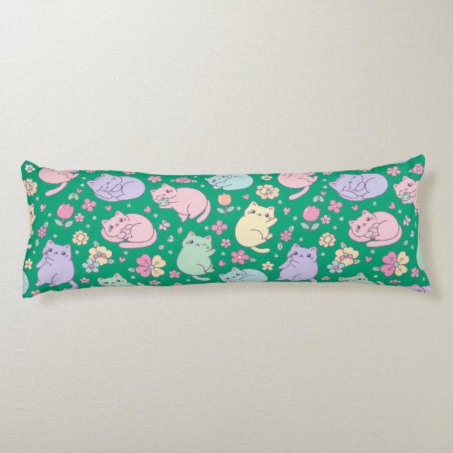 Pastel Kawaii Cats and Flowers Pattern  Body Pillow (Back)
