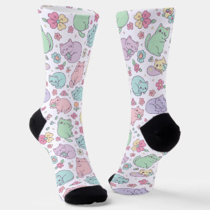 Pastel Kawaii Cats and Spring Flowers Pattern Socks
