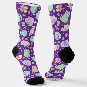 Pastel Kawaii Cats and Spring Flowers Pattern Socks
