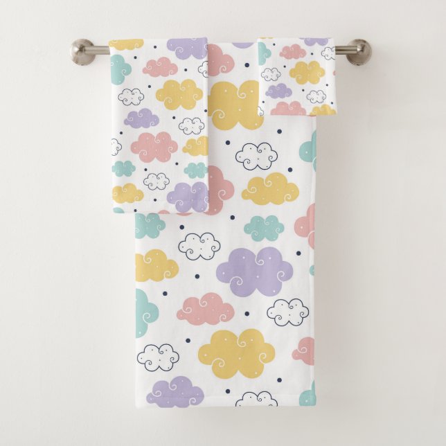 Pastel Kawaii Cloud Pattern Bath Towel Set (Insitu)