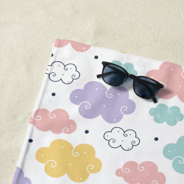 Pastel Kawaii Cloud Pattern Beach Towel (In Situ)