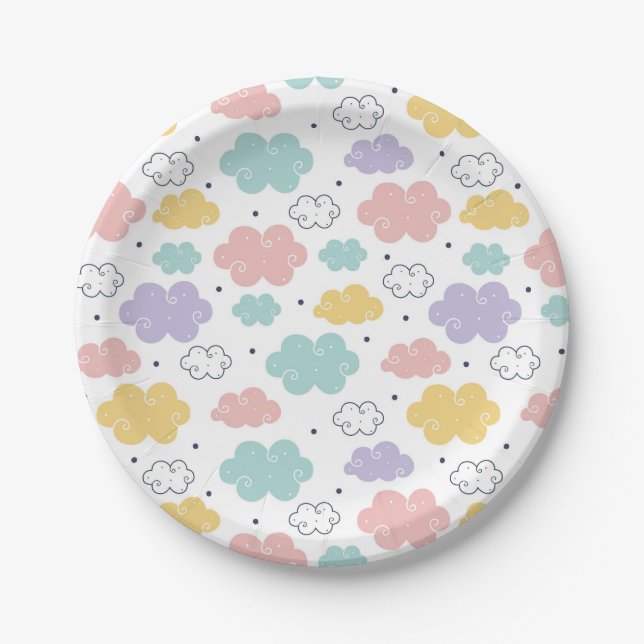Pastel Kawaii Cloud Pattern Paper Plates (Front)