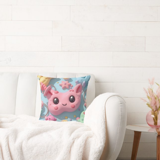 Pastel Kawaii Creature Fantasy Art Throw Pillow (Couch)