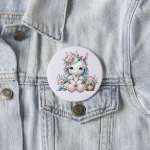 Pastel Kawaii Unicorn Doll with Flower Basket 3 Inch Round Button