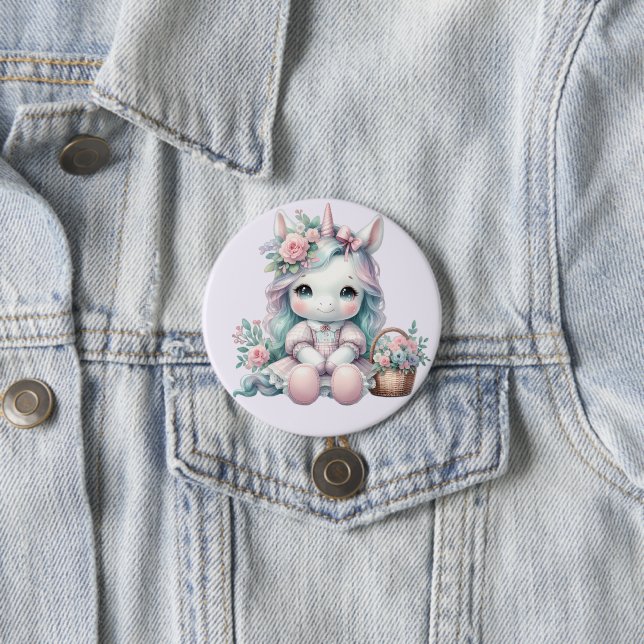 Pastel Kawaii Unicorn Doll with Flower Basket 3 Inch Round Button (In Situ)