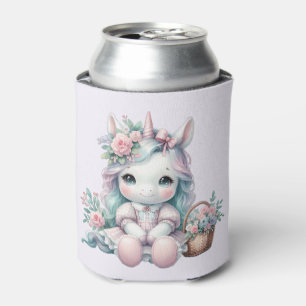 Pastel Kawaii Unicorn Doll with Flower Basket Can Cooler