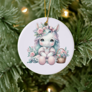 Pastel Kawaii Unicorn Doll with Flower Basket Ceramic Ornament