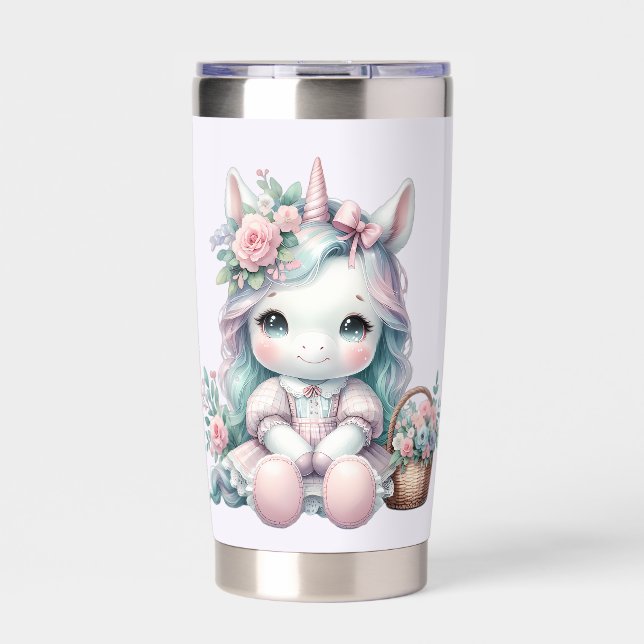 Pastel Kawaii Unicorn Doll with Flower Basket Insulated Tumbler (Front)