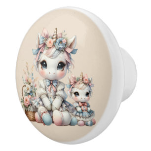 Pastel Kawaii Unicorn Mother Daughter Duo Beige Ceramic Knob