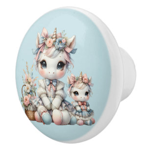 Pastel Kawaii Unicorn Mother Daughter Duo Blue Ceramic Knob