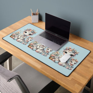 Pastel Kawaii Unicorn Mother Daughter Duo Blue Desk Mat
