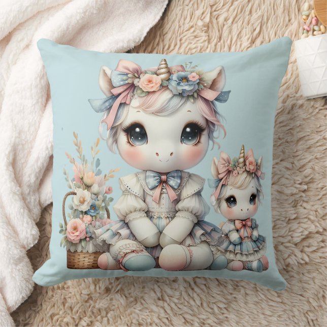 Pastel Kawaii Unicorn Mother Daughter Duo Blue Throw Pillow (Blanket)