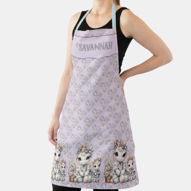 Pastel Kawaii Unicorn Mother Daughter Duo Lavender Apron (Insitu)