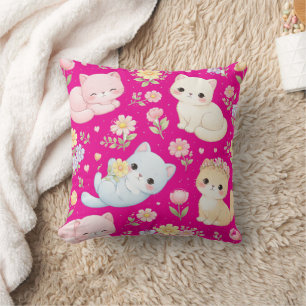 Pastel Kitten and Floral Pattern Throw Pillow