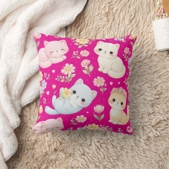 Pastel Kitten and Floral Pattern Throw Pillow (Blanket)