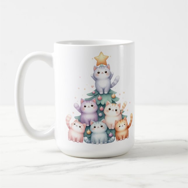 PASTEL KITTY CATS IN THE SHAPE OF A CHRISTMAS TREE COFFEE MUG (Left)
