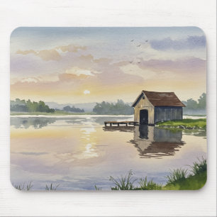 Pastel Lake Sunset Dock Cabin Tranquillity Mouse Pad