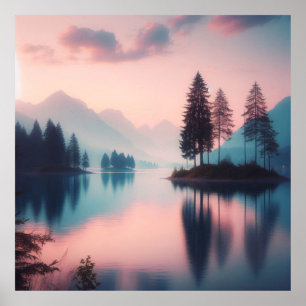 Pastel Lake Sunset, Serene Water and Mountain Poster