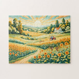 Pastel Landscape with Sunflower Fields and Path Jigsaw Puzzle