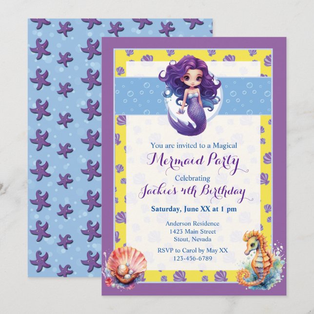 Pastel Lavender Magical Mermaid Birthday Party Invitation (Front/Back)