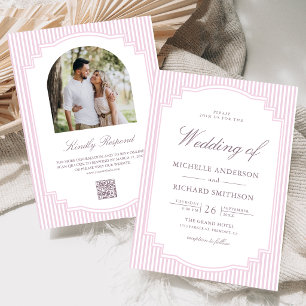 Pastel Lavender Striped Photo QR Code Wedding Invitation
