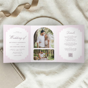 Pastel Lavender Striped Photo QR Code Wedding Tri-Fold Invitation