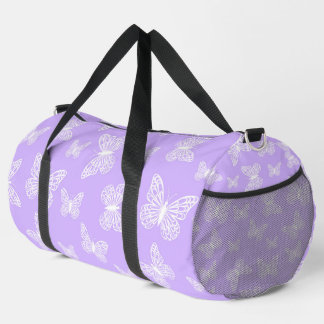 PASTEL LAVENDER WITH WHITE FLYING BUTTERFLIES DUFFLE BAG