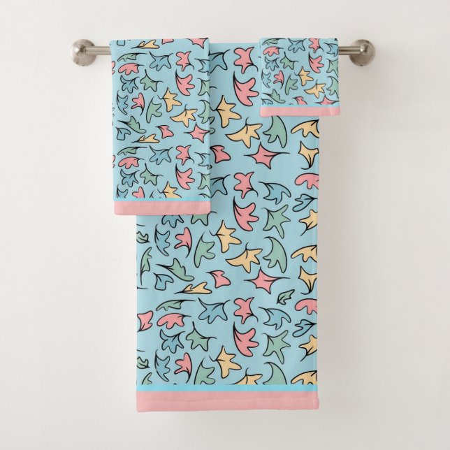 Pastel Leaves Blue Bath Towel Set (Insitu)