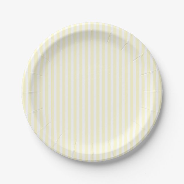Pastel Lemon Yellow and White Stripes Pale Yellow Paper Plate (Front)