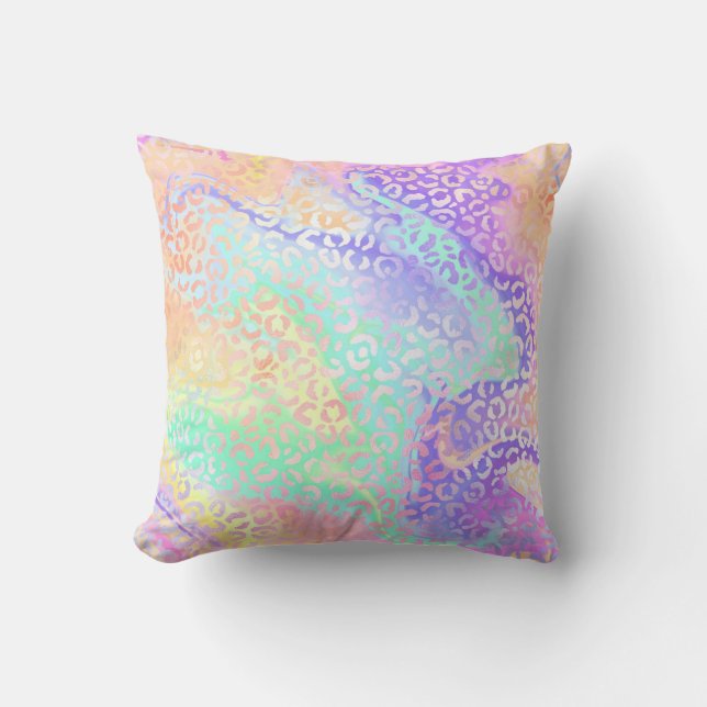 *~* Pastel Leopard  Rainbow Swirls Animal Print Throw Pillow (Front)