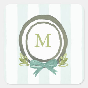 Pastel Light Blue and Green Monogram Crest Square Sticker