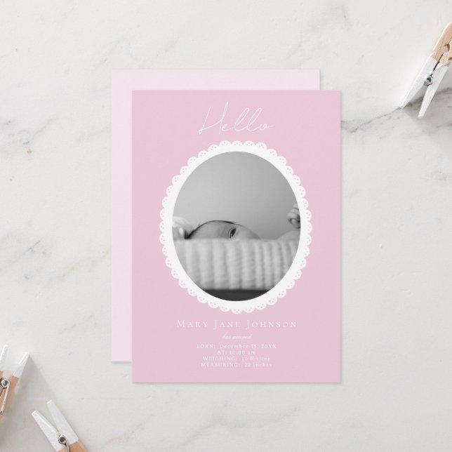 Pastel Light Pink Baby Birth Announcement Card (Front/Back In Situ)