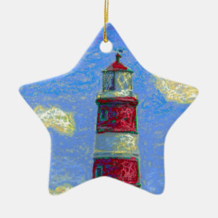 Pastel Lighthouse and Lavender Fields Ceramic Ornament