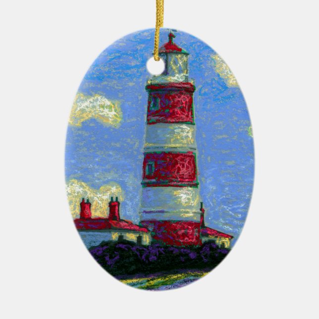 Pastel Lighthouse and Lavender Fields Ceramic Ornament (Front)