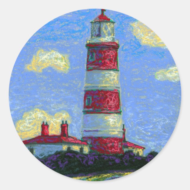 Pastel Lighthouse and Lavender Fields Classic Round Sticker (Front)