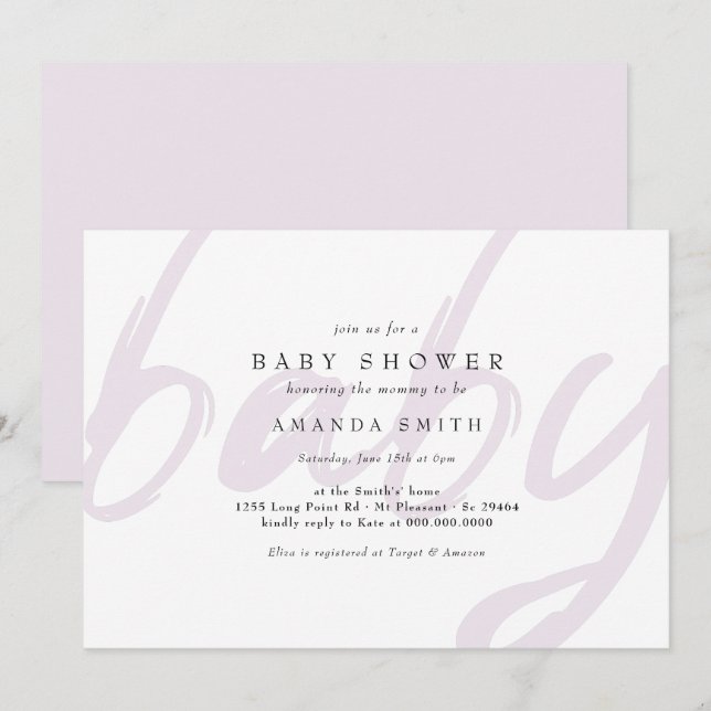 Pastel Lila Minimal Gender Neutral Baby Shower Invitation (Front/Back)