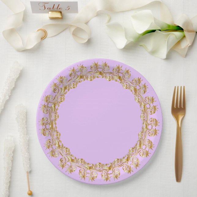 Pastel lilac and ornamental gold paper plate (Wedding)