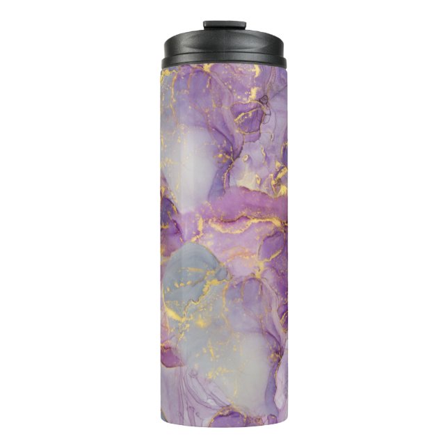 Pastel Lilac, Blue and Gold Glitter Marble Pattern Thermal Tumbler (Front)