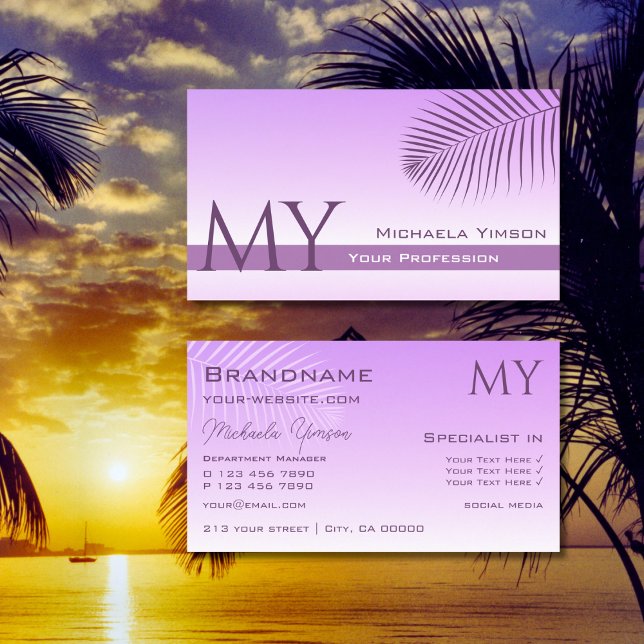 Pastel Lilac Gradient and Palm Leaf with Monogram Business Card (Creator Uploaded)