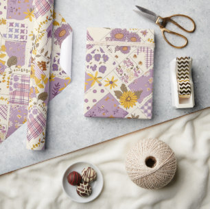 Pastel Lilac Yellow Quilt Gingham Cottagecore  Wrapping Paper