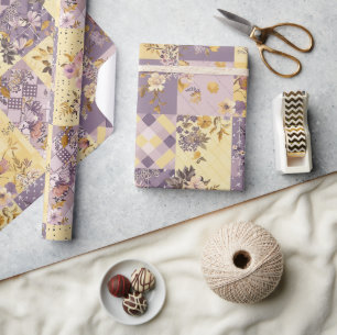 Pastel Lilac Yellow Quilt Gingham Cottagecore  Wrapping Paper