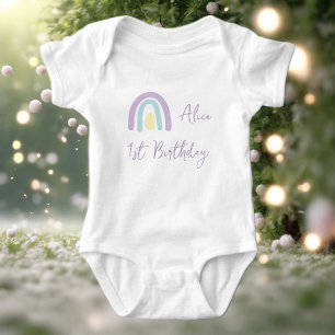 Pastel lilac yellow rainbow 1st Birthday party  Baby Bodysuit
