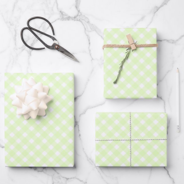 Pastel Lime Green Gingham Plaid Pattern Wrapping Paper Sheet (Front)
