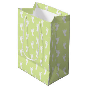 PASTEL LIME GREEN ROWS OF BABY FEET MEDIUM GIFT BAG
