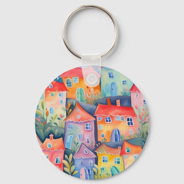 Pastel little houses in soft colour, peaceful colo keychain (Front)