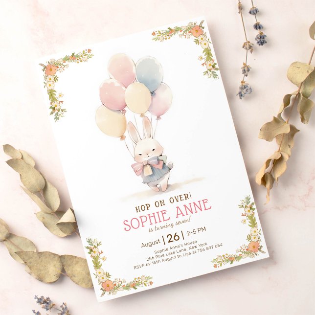  Pastel little rabbit balloons 7th birthday Invitation (Creator Uploaded)