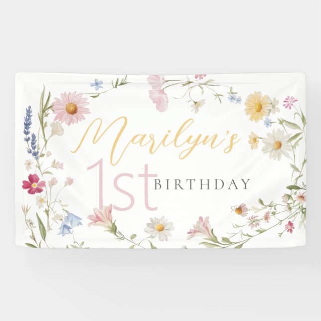 Pastel Little Wildflower Girl 1st Birthday Banner (Horizontal)