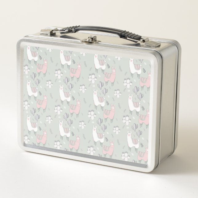 Pastel Llama Pattern Metal Lunch Box (Front)